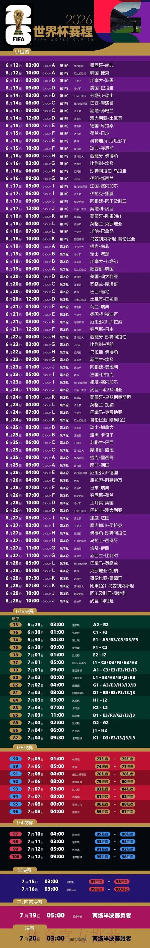 2026世界杯完整赛程高清版实时赛程直播平台